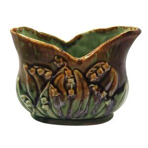 Vintage USA Pottery Vas Lily Of The Valley Brown/Green Floral Embossed Design